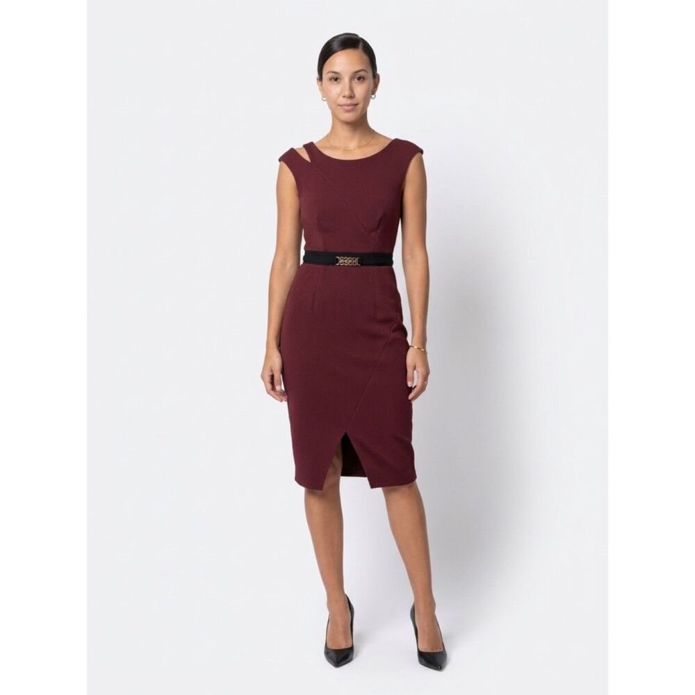 Another Label by Elise Ryan - Asymmetric Bodycon Midi Dress - Wine/Burgundy